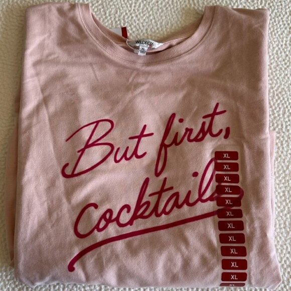Wildfox Statement Sweathsirt But First Cocktails Blush Pink Sz XL - Picture 1 of 13